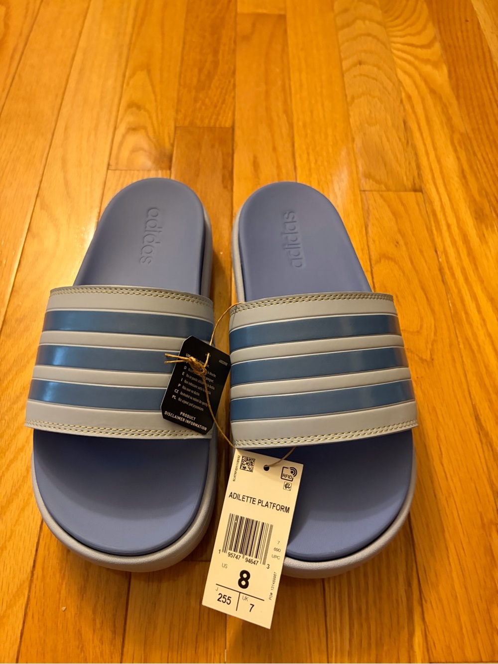 adidas Adilette Platform Slides in Light Blue and darker blue Stripes